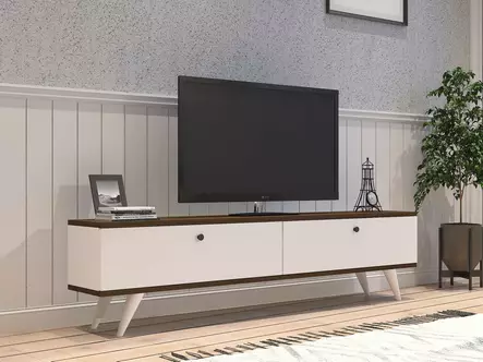 TV-taso, valkoinen pähkinä, 100% melamiinipinnoitettu, 160x35x25 cm, useita hyllyjä, lisäsäilytystilaa, 2 pakettia - TV-tasot - 8681875449570 - 2