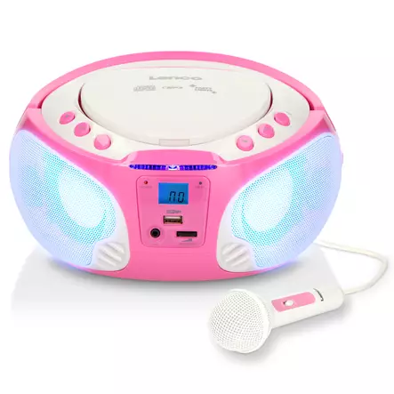 Kannettava FM-radio CD/MP3/USB-mikrofoni ja valoefektit Vaaleanpunainen - Radiot ja MP3/4-soittimet - 8711902034971 - 10